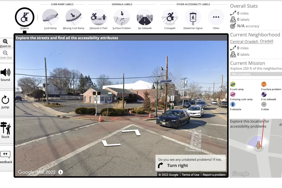 The website for Project Sidewalk shows a street with a menu for identifying issues with mobility infrastructure.